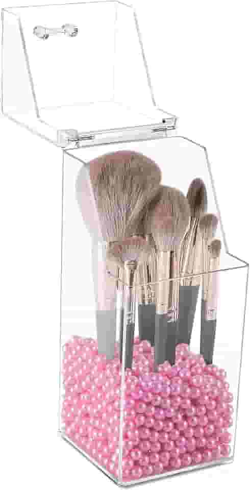 Sooyee Porta-pincéis de maquiagem, organizador de pincéis de maquiagem com pérolas rosa de 8 mm, suporte de pincel de maquiagem à prova de poeira com tampa