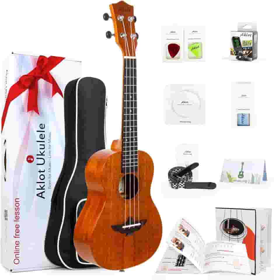 Ukulele, AKLOT Concert Ukelele Solid Mahogany 58,4 cm para iniciantes profissionais adultos kit com cursos on-line e acessórios Uke, AKC23