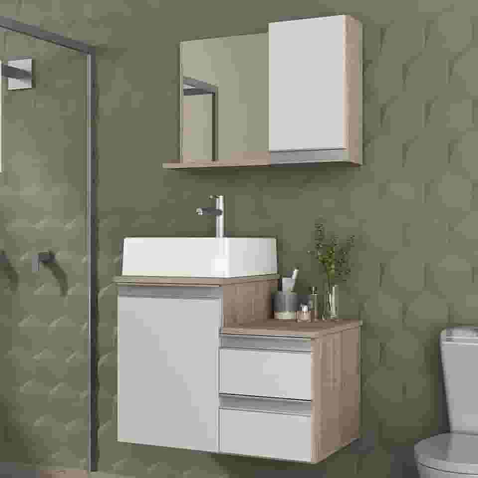 Gabinete Banheiro com Cuba e Espelho Cross 60cm (Madeirado/Branco)