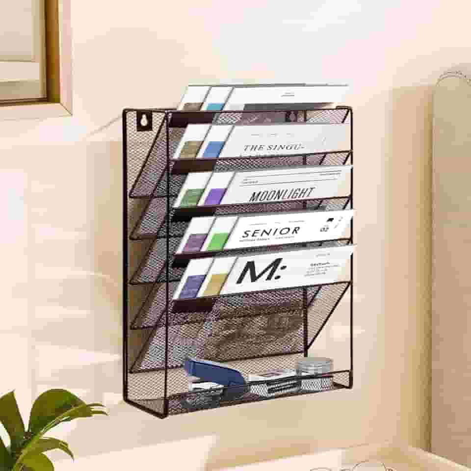 Organizador de Documentos, Organizador de Arquivos Suspenso de 6 Camadas, Suporte de Arquivo de Parede de Malha, Suporte de Pasta de Papel com Bandeja Plana Inferior para Escritório