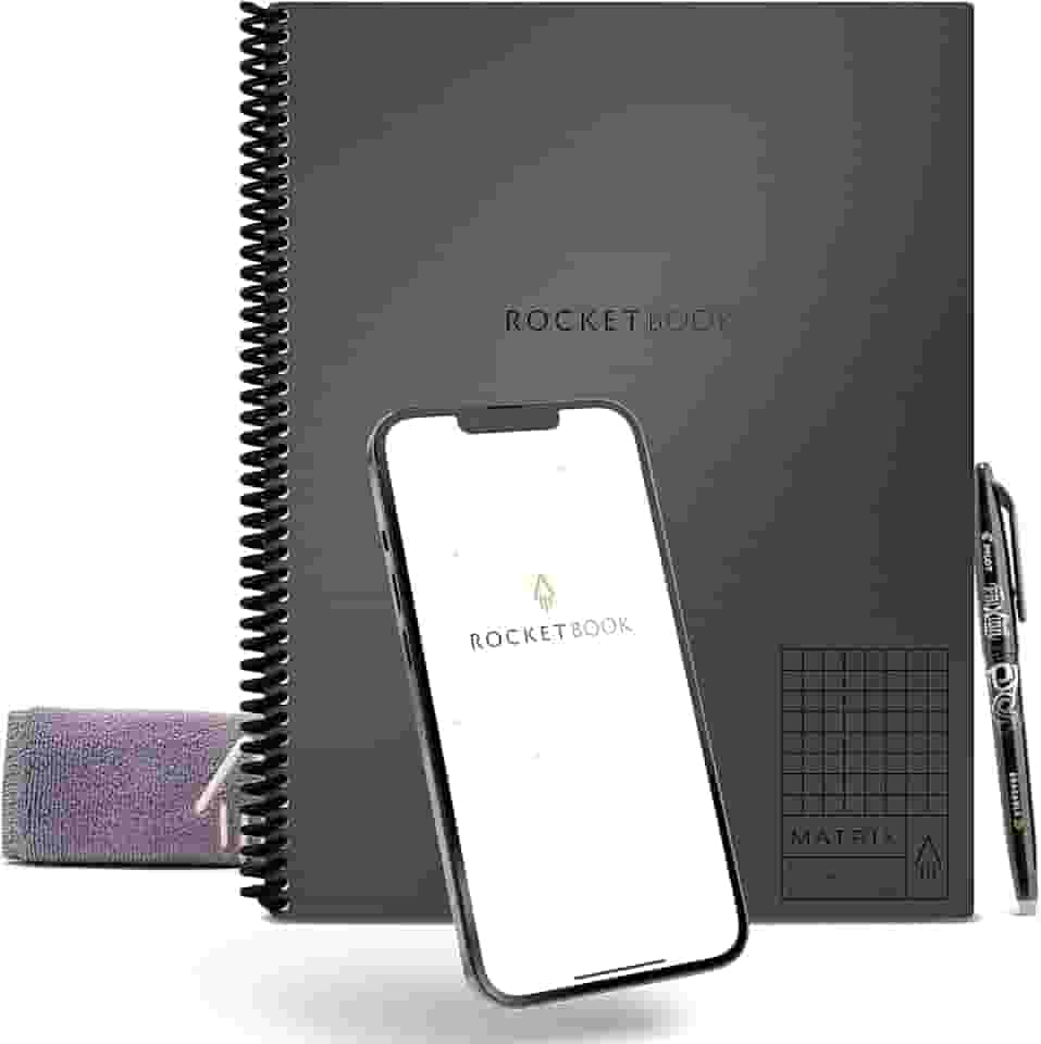 Rocketbook Caderno gráfico reutilizável Matrix Smart | Caderno isométrico ecologicamente correto, conectado digitalmente | Cinza espaço profundo, tamanho carta (21,5 x 28 cm) com caneta, pano e aplicativo incluídos