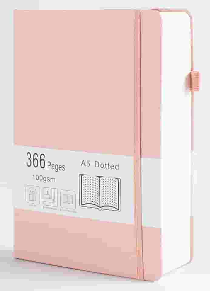 Diário pontilhado com 366 páginas numeradas, diário A5 com papel quadriculado de 100 g/m2, capa dura de couro, para mulheres, homens, anotações escolares, diário de trabalho, 14,5 x 21 cm Blush