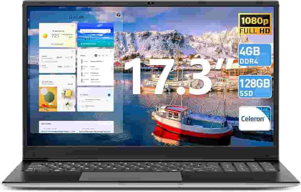 SGIN Laptop de 17,3 polegadas, laptops Windows 11 com processador Celeron I3, SSD portátil comum de 4 GB DDR3 de 128 GB, tela IPS FHD, HDMI, WiFi 5G, BT4.2, Type-C, para estudantes e negócios (preto)