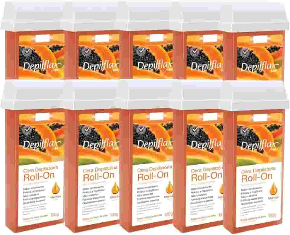 Kit 10 Refil Cera Depilatoria Corporal Profissional Depilação Roll On Depilflax Mamao 100g