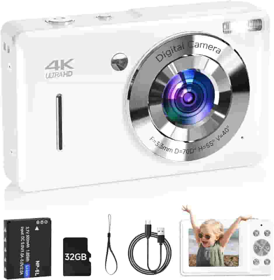 Câmera Digital FHD 1080p 44MP para Crianças e Adolescentes, com Detecção de Rosto, Captura de Sorriso, Zoom 18x, 20 Filtros, Antivibração, Branca Vintage