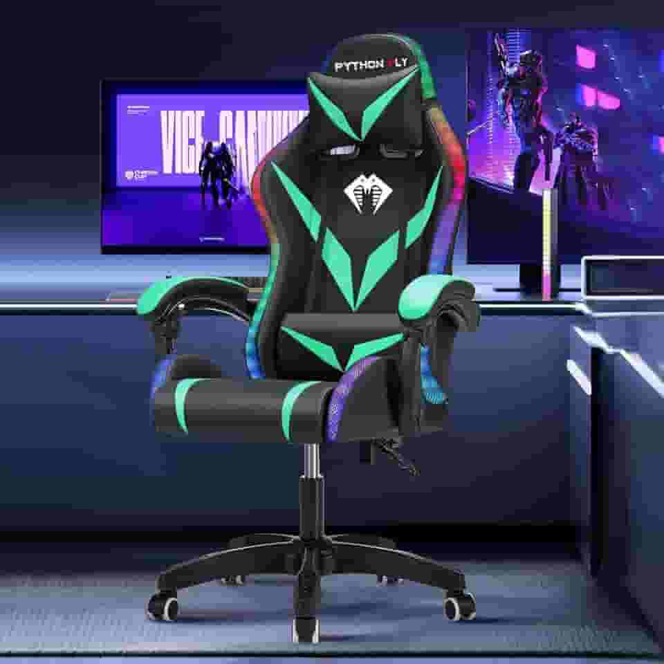 Cadeira Gamer RGB Python Fly com Iluminação Decorativa, Encosto Reclinável, Design Ergonômico para Escritório e Jogos (Verde)