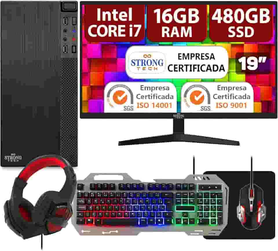 Computador Pc Gamer Completo Intel Core i7 16GB SSD 480GB Monitor 19 Kit Gamer Strong Tech