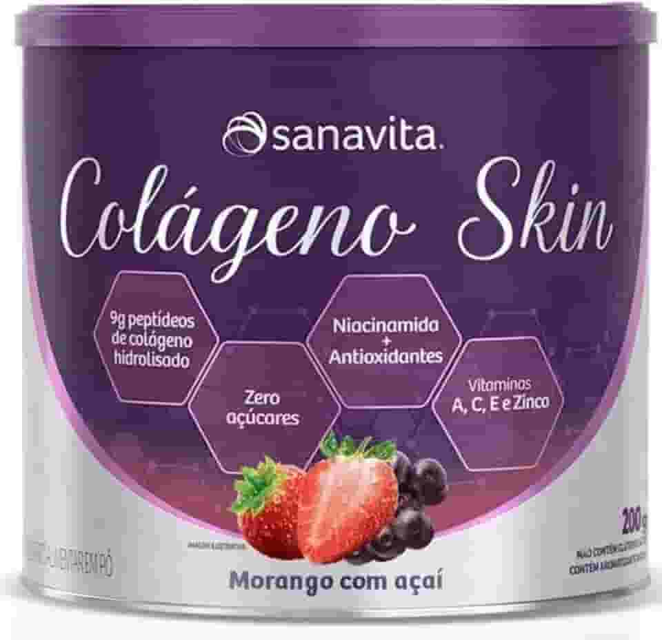 Colágeno Skin Para Pele Cabelos e Unhas - Colágeno Em Pó Hidrolisado Skin 200g - Sanavita (Morango com Açaí)