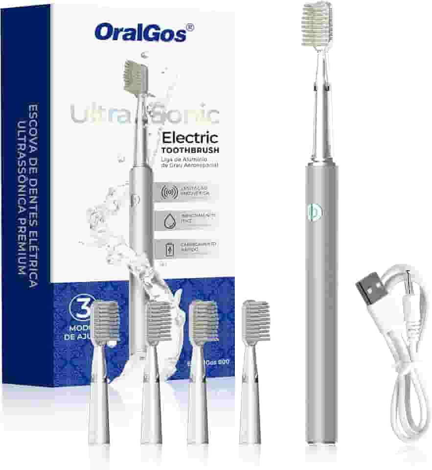 Escova de Dentes Elétrica Sônica para Adultos, Cerdas Macias, 3 Modos de Limpeza, 4 Cabeças Extras, Recarregável USB, IPX7 à Prova d’Água (Prata)