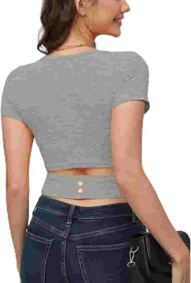 Camisetas femininas de manga curta, casual, verão, básica, gola canoa, caimento justo, malha canelada