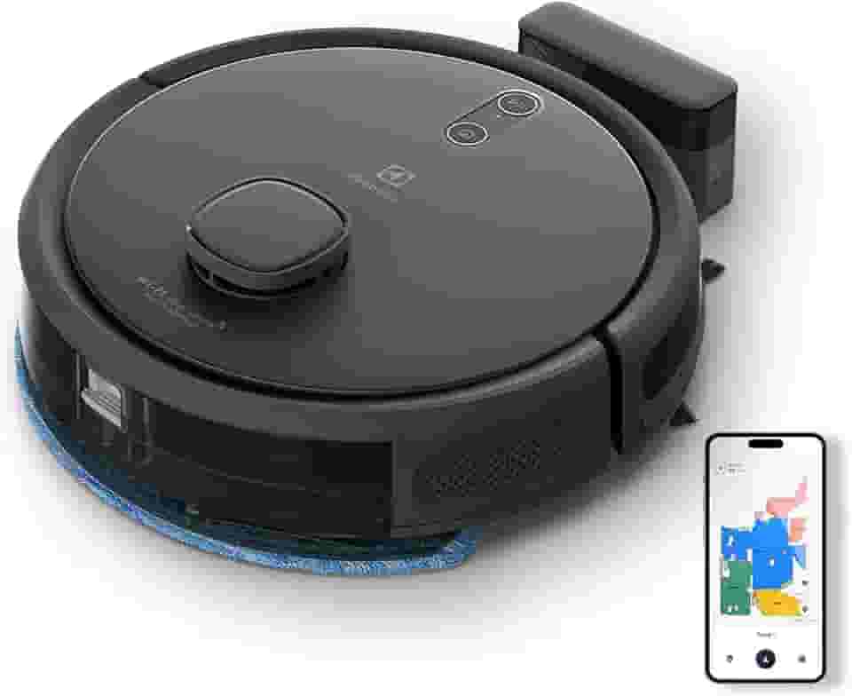 Aspirador de po robo Electrolux conectado automatico varre aspira passa pano ERB60 bivolt preto sensor antiqueda