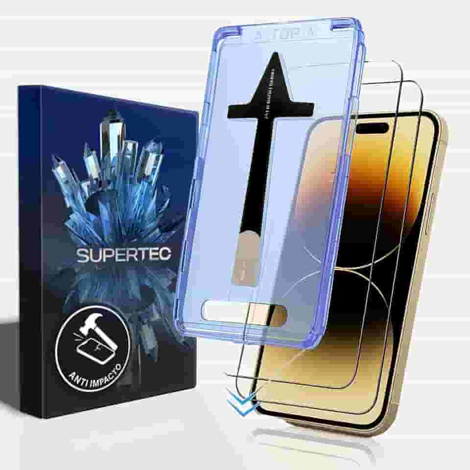 Película INSTALA FÁCIL para iPhone Anti impacto ULTRA RESISTENTE com case de alinhamento Não trinca e não estilhaça oleofóbica anti digital SafeCare Ultra HD (iPhone 17)