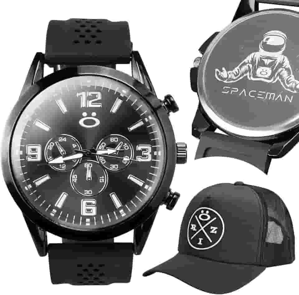 Relogio Masculino Preto Analogico Esportivo Silicone Conforto + Bone Redinha Ajustavel Qualidade Premium Casual Social Kit Presente Moderno Minimalista