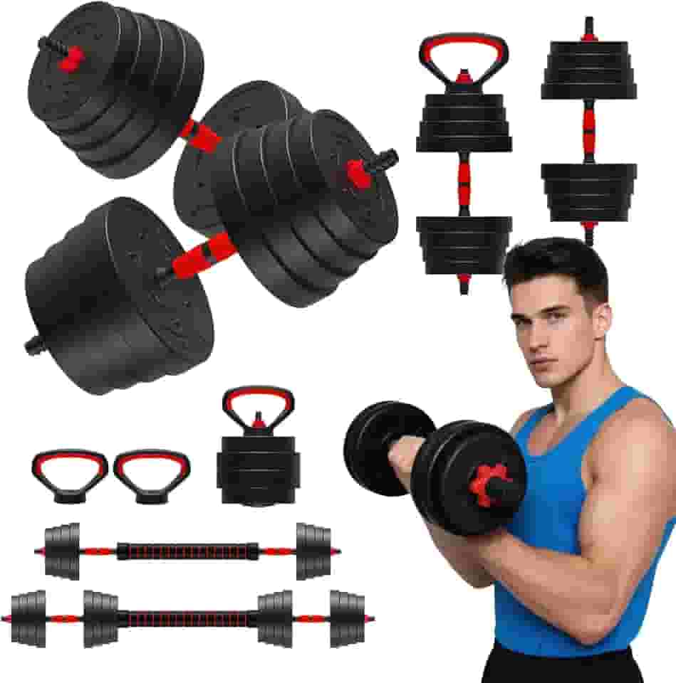 Conjunto de halteres ajustáveis 4 em 1 de 40,8 kg/34 kg/20,4 kg/11,3 kg, conjunto de pesos livres com conector – converte para barra, kettlebell e suportes push-up | Placas de peso intercambiáveis