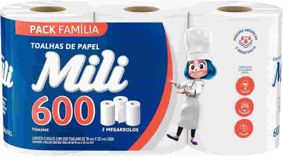 Papel Toalha Mili Folha Dupla, 600 Folhas (3 Rolos de 200 Folhas) – Alta Absorção, Máximo Rendimento e Resistência Multiuso para Cozinha