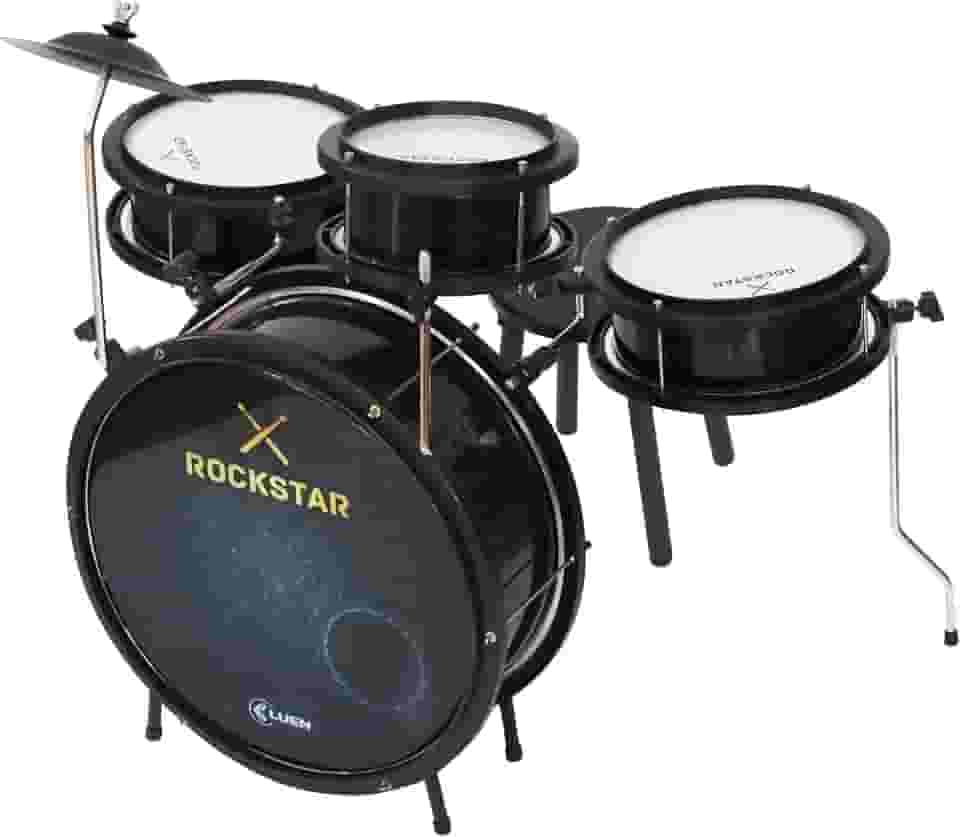 Bateria Infantil Luen Rockstar 4 Peças, Alumisteel e ABS com Acabamento Metálico Preto, Aro de Nylon, Pele Leitosa