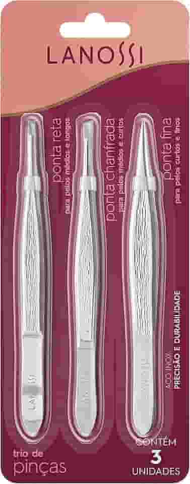 Kit com Pinças de Ponta Reta, Chanfrada e Fina, Cor Silver, Lanossi.