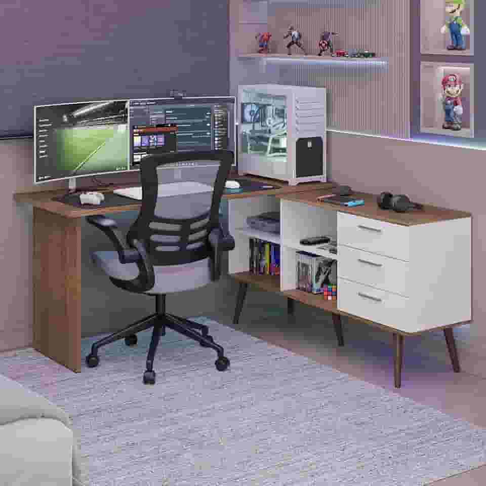 Mesa para Computador Gamer em L 3 Gavetas Branco/rustic Lisboa Madesa