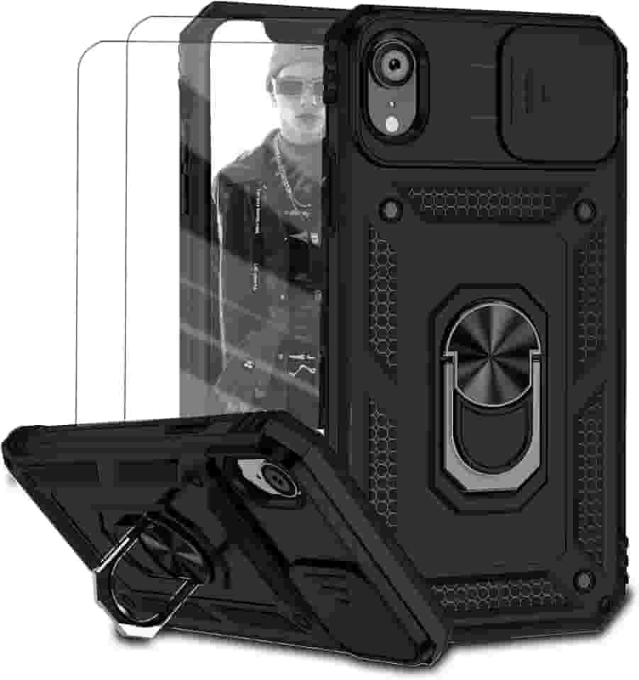 Capa para iPhone XR Capinha | com 2 peças de protetor de tela temperado com janela deslizante da câmera e suporte para telefone incluídos - Preto