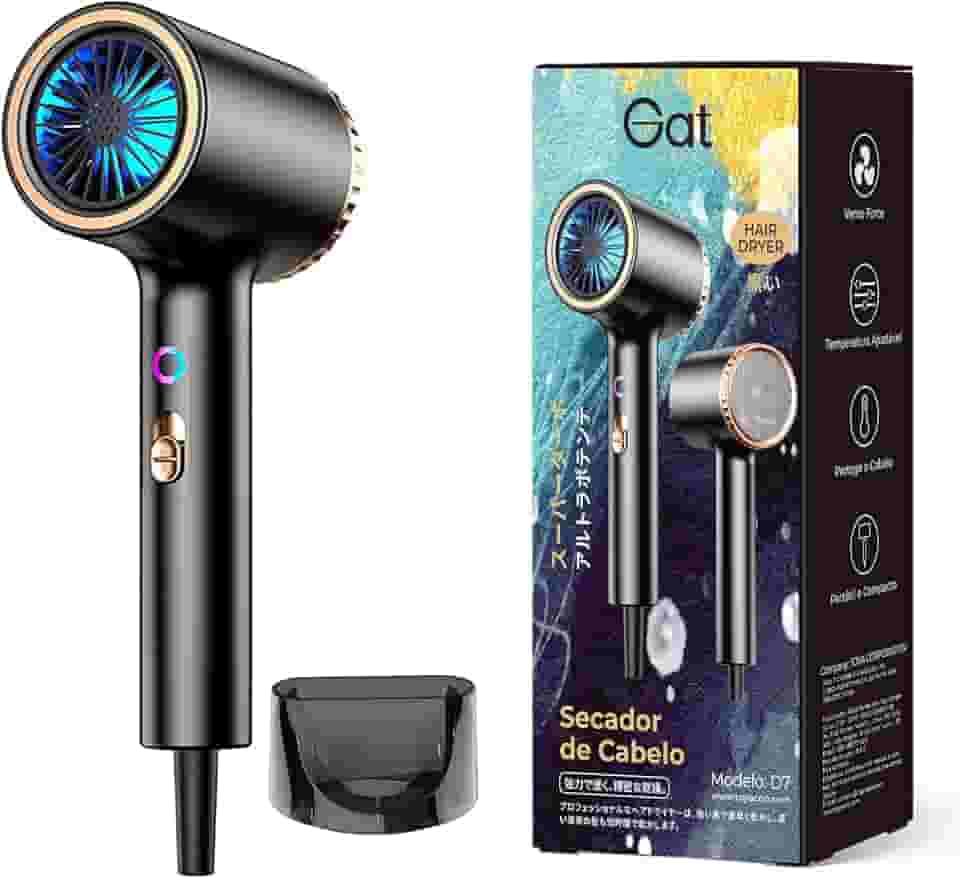 Gat Secador de Cabelo Profissional, 2000W, 3 Temperaturas Quente e Frio, Compacto e Portátil, Ideal Para Viagem e Uso Familiar, Anti-Frizz, Secagem Rápida, Design Moderno (Preto, 127V)