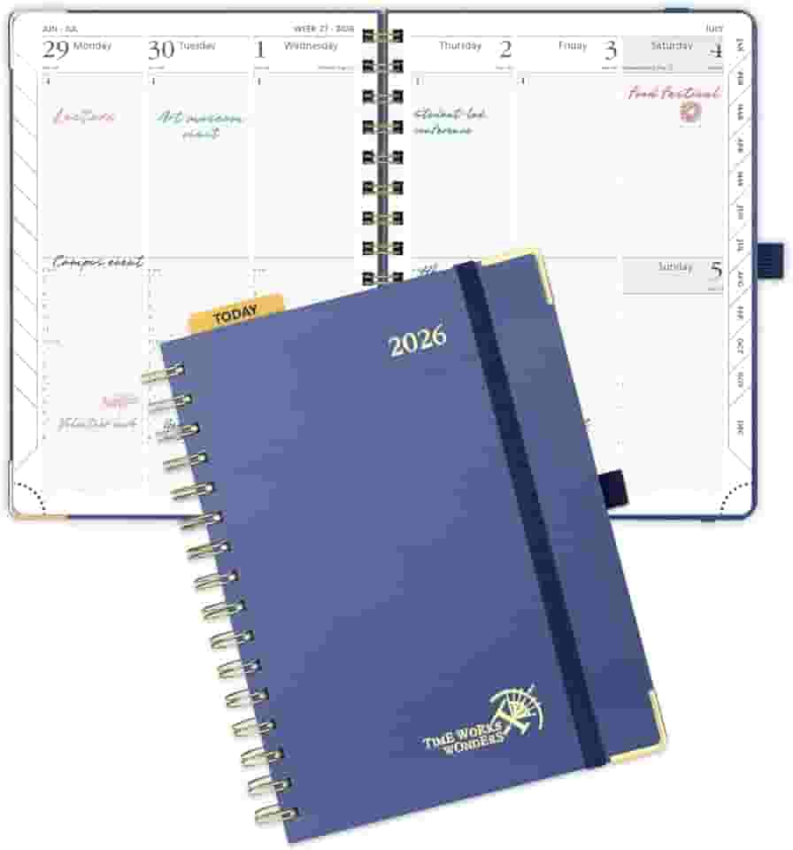 POPRUN Agenda 2026 (tamanho médio 21 x 15 cm, capa dura com fio) Calendário diário semanal e mensal - Agenda 2026 (janeiro de 2026 a dezembro de 2026) com programação horária, TJ-26-WEHA5-NYB - azul