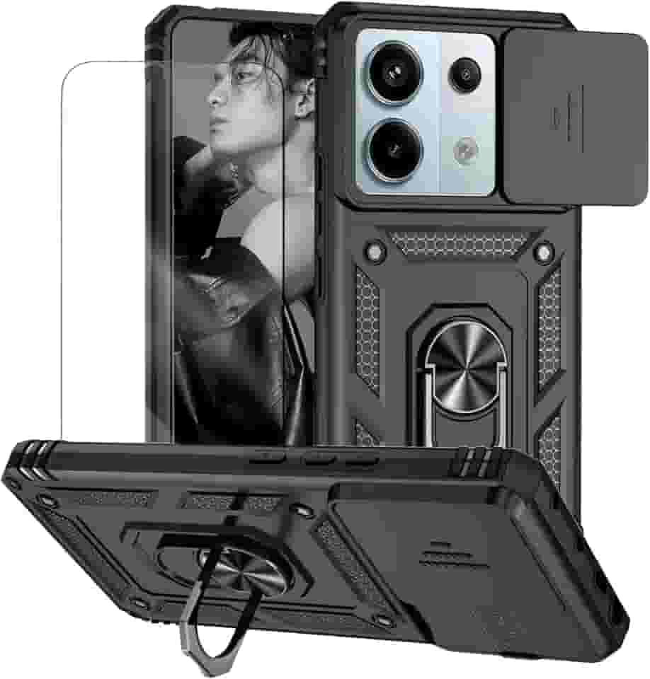 Capa para Xiaomi Poco X6 e Redmi Note 13 Pro 5G Capinha | com 2 peças de protetor de tela temperado com janela deslizante da câmera e suporte para telefone incluídos - Preto