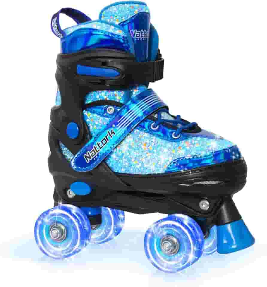 Nattork Patins infantis para meninas e crianças, 4 tamanhos ajustáveis para meninas de 3 a 12 anos com rodas iluminadas e proteção de segurança - Presente legal de aniversário para esportes internos e
