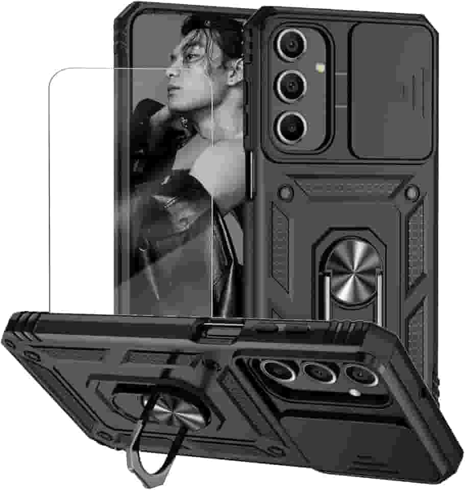 Capa para Samsung Galaxy A55 Capinha | com 2 peças de protetor de tela temperado com janela deslizante da câmera e suporte para telefone incluídos - Preto