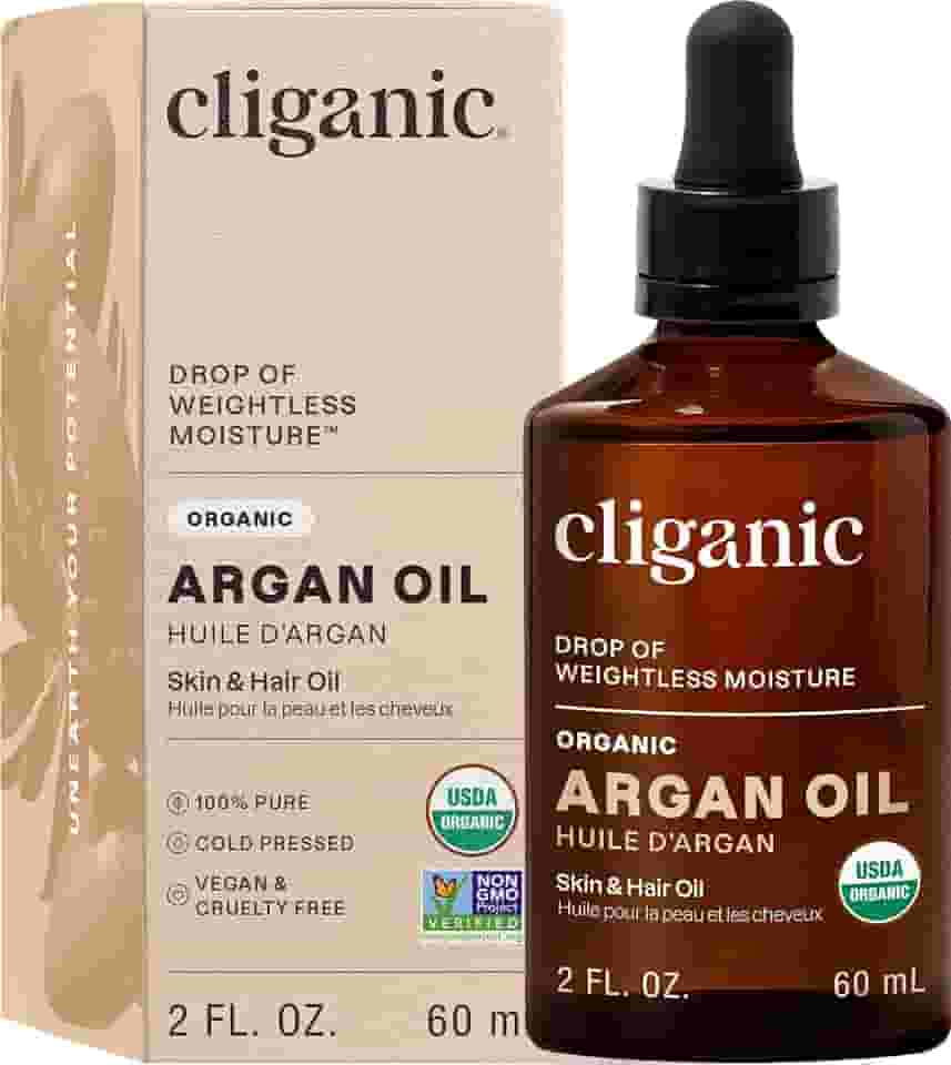 Cliganic Óleo de Argan Orgânico, 60 ml - Certificado pelo USDA - Puro Ingrediente Único - Óleo Corporal Prensado a Frio - Para Cabelo, Rosto e Corpo