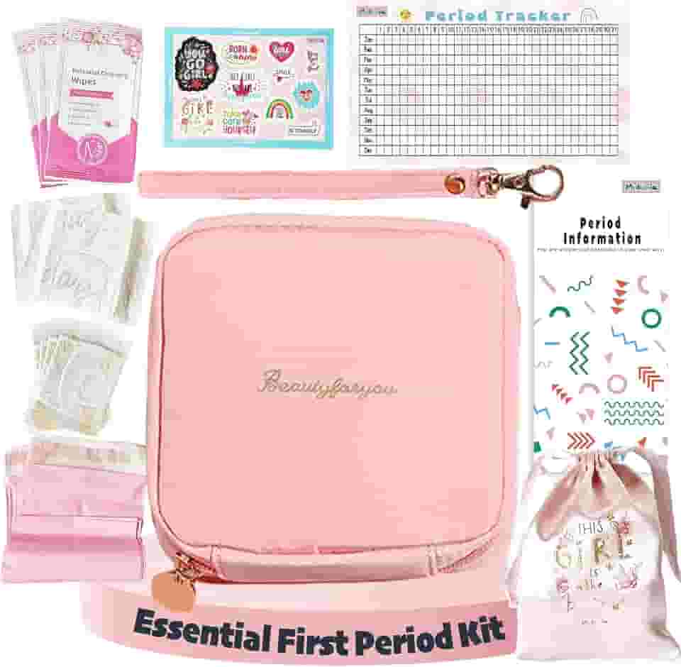 Kit de período essencial para meninas | Kit MultipieYo para o primeiro período para meninas | Bolsas de período para meninas adolescentes | Presente de primeiro período com bolsa de armazenamento de