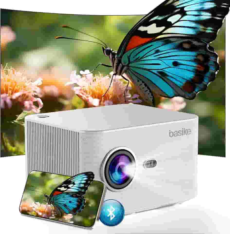 Basike Projetor Portatil, Full HD 1080P Projetor, Correção Trapezoidal Automática 6D, 1200 ANSI, Auto Foco, Suporte 4K, 2.4G+5G+WIFI, Bluetooth 5.3, Cinema Portátil para Casa, Sala de Aula e Reuniões
