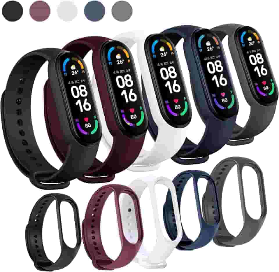 Kit 5 Pulseiras Para Smartband MI Band 7 Cores Preta Azul Cinza Vinho Marsala e Branco com Pino Resistente Feita em Silicone