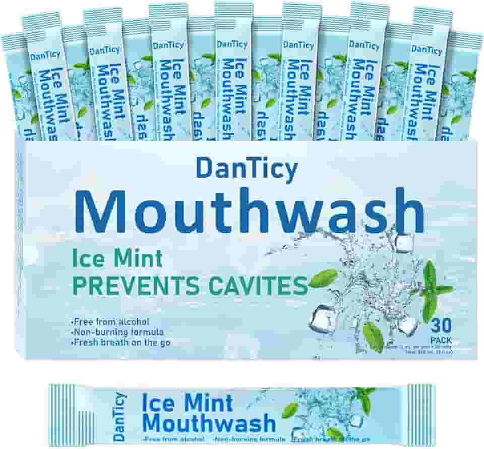 Enxaguante bucal para viagem, enxaguante bucal sem álcool, portátil, hálito fresco, mini pacotes, 30 unidades, menta gelada