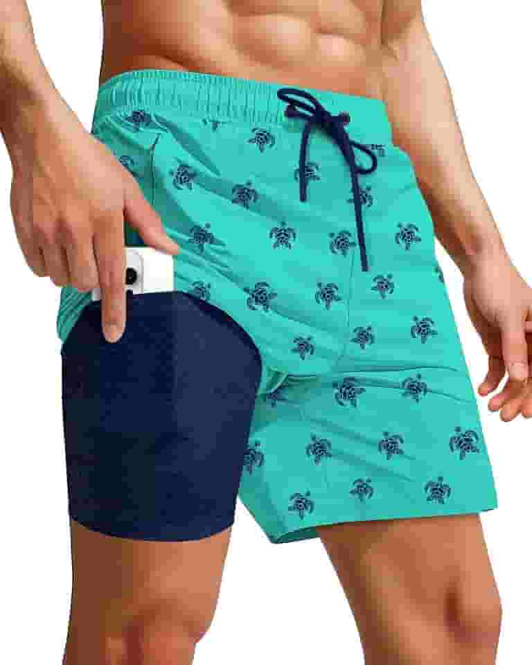 Calções de banho masculinos, forro de compressão, secagem rápida, cordão, roupa de banho masculina, sunga estampada