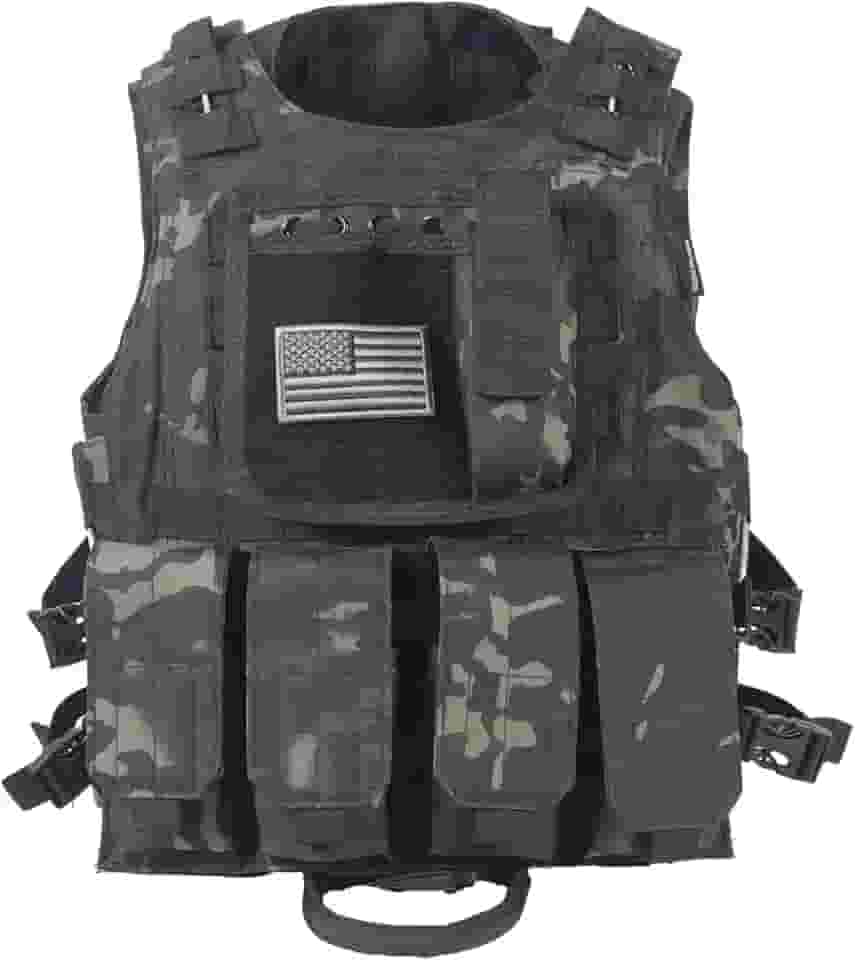 Colete tático Airsoft com emblema da bandeira dos EUA Molle PALS e 4 bolsas Mag, Multicam preto, Small-Large