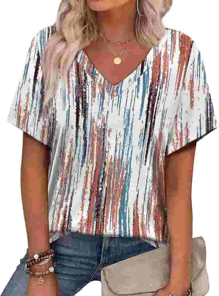 Camisetas femininas de verão 2025 gola V manga curta roupas modernas elegantes casuais de férias estampadas