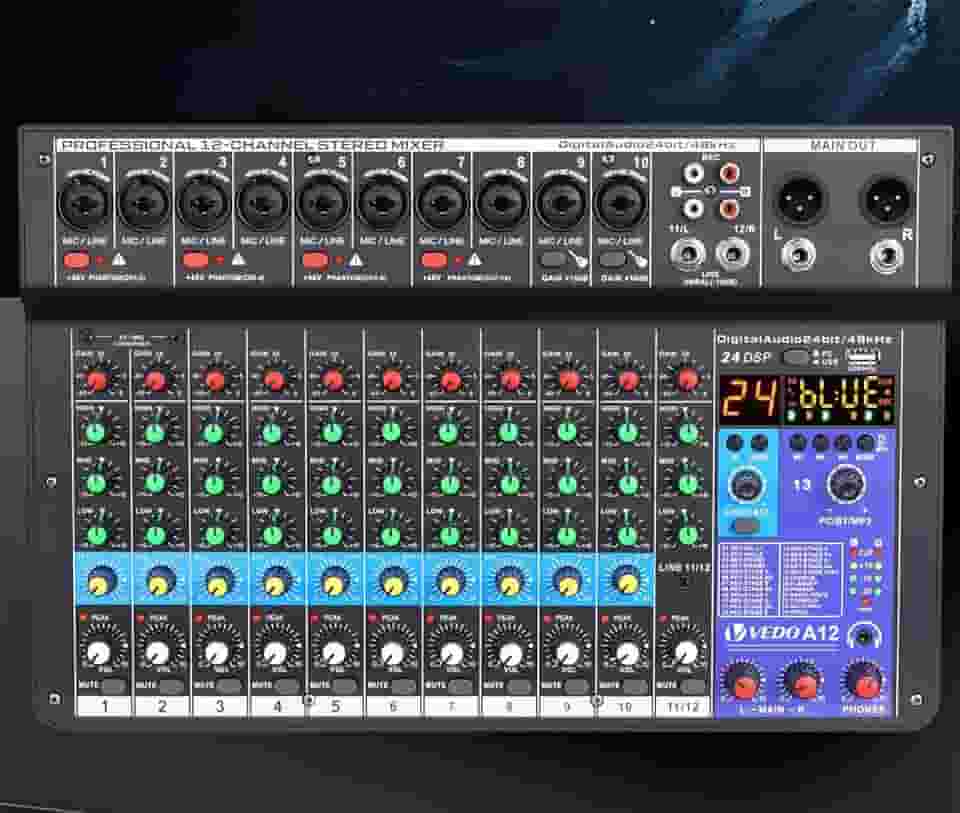 mesa de som, vedo A12 12 canais digital/número profissional portátil com reverb bluetooth usb interface audio/áudio mixer