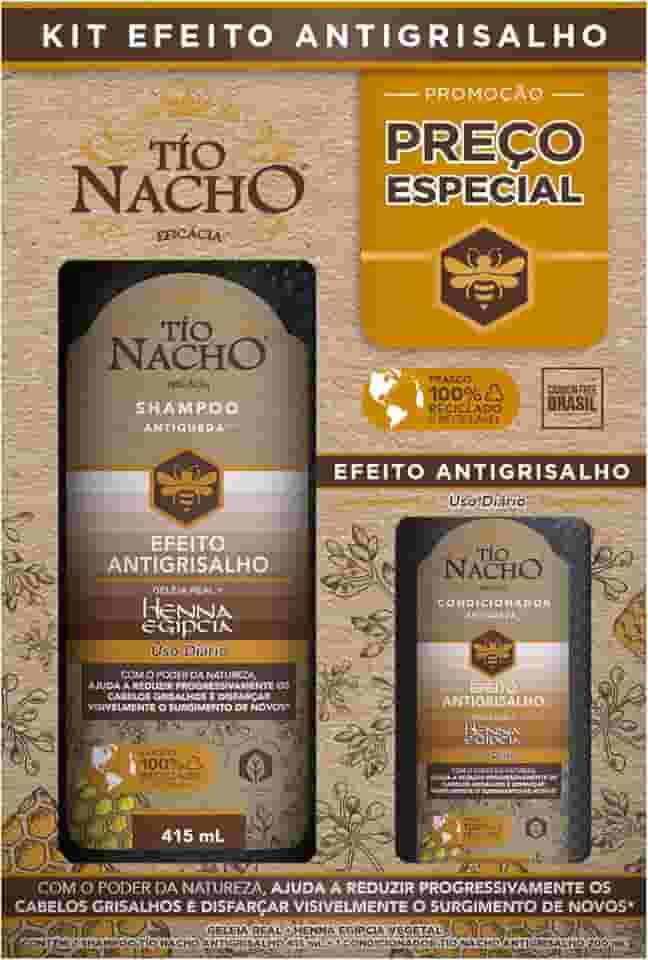 Tio Nacho Kit Antigrisalho Shampoo 415 mL + Condicionador 200 mL – Com Geleia Real e Henna Vegetal – Reduz Progressivamente os Cabelos Grisalhos e Fortalece para Fios Mais Jovens e Brilhantes