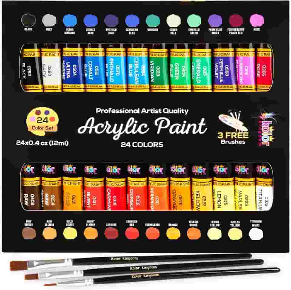 Conjunto de tintas acrílicas para pintura em tela, 24 cores, acabamento perfeito (11,6 g, 12 ml) com 3 pincéis - Tela, papel, madeira, pedra, MDF, cerâmica e tecido