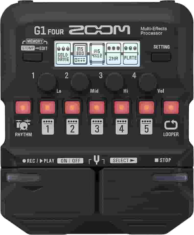Pedal processador multiefeitos para guitarra Zoom G1 Four, com mais de 60 efeitos embutidos, modelagem de amplificador, e mais