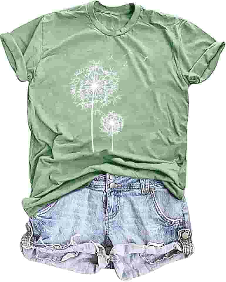 Camiseta feminina de dente-de-leão com estampa de flores silvestres de manga curta com estampa de flores de verão