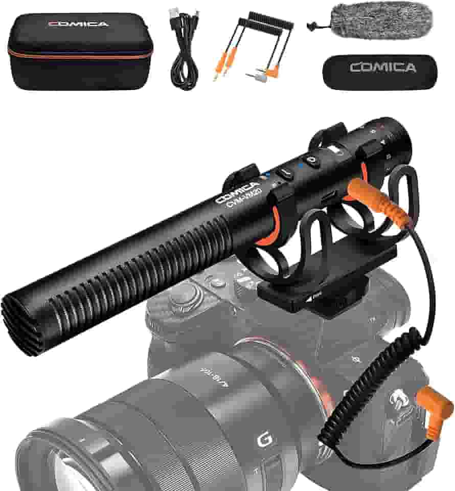 COMICA VM20 Microfone Shotgun Direcional Supercardioide com Tela OLED e Suporte Antichoque Rycote, Ideal para Vídeos, Vlogs, Câmeras DSLR, Smartphones e Tablets
