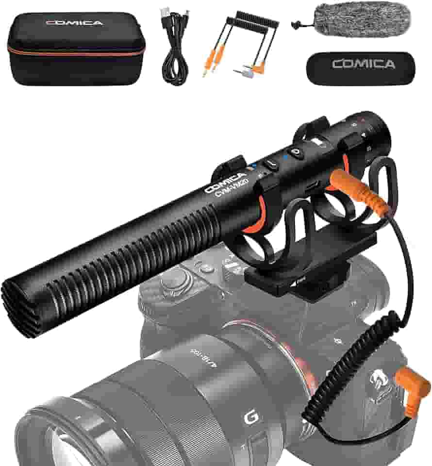 COMICA VM20 Microfone Shotgun Direcional Supercardioide com Tela OLED e Suporte Antichoque Rycote, Ideal para Vídeos, Vlogs, Câmeras DSLR, Smartphones e Tablets