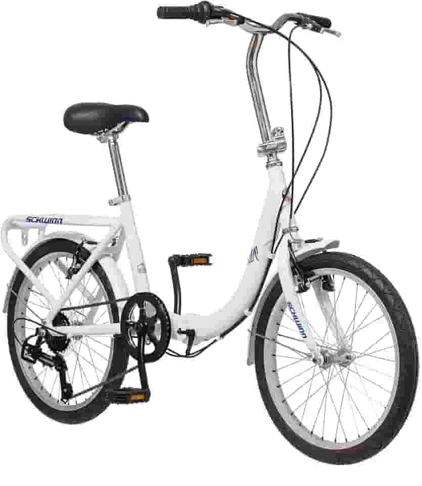 Schwinn Bicicleta dobrável, preta, titânio ou branca, bicicleta de 50 cm para adultos e crianças, 7 velocidades, estrutura dobrável de alumínio leve, suporte traseiro integrado, freios lineares