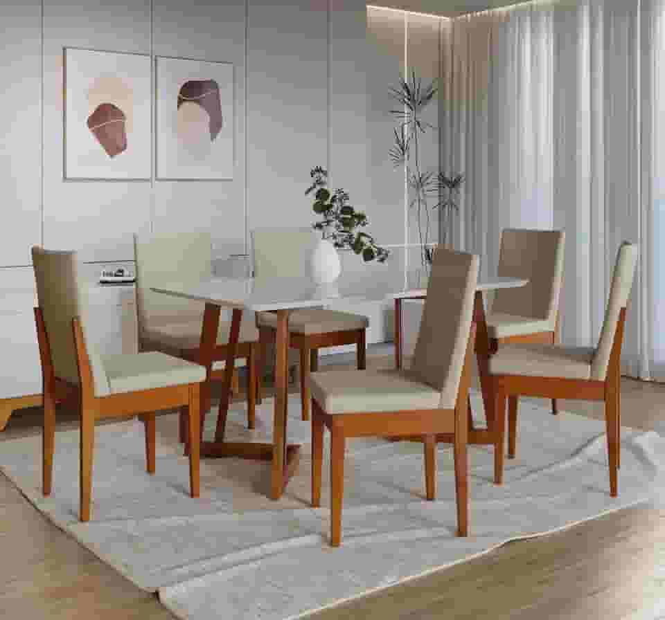 Conjunto Sala de Jantar 6 Lugares Madeira Mesa California e Cadeira Dakota Tecido A40 Móveis Meneghetti Caramelo