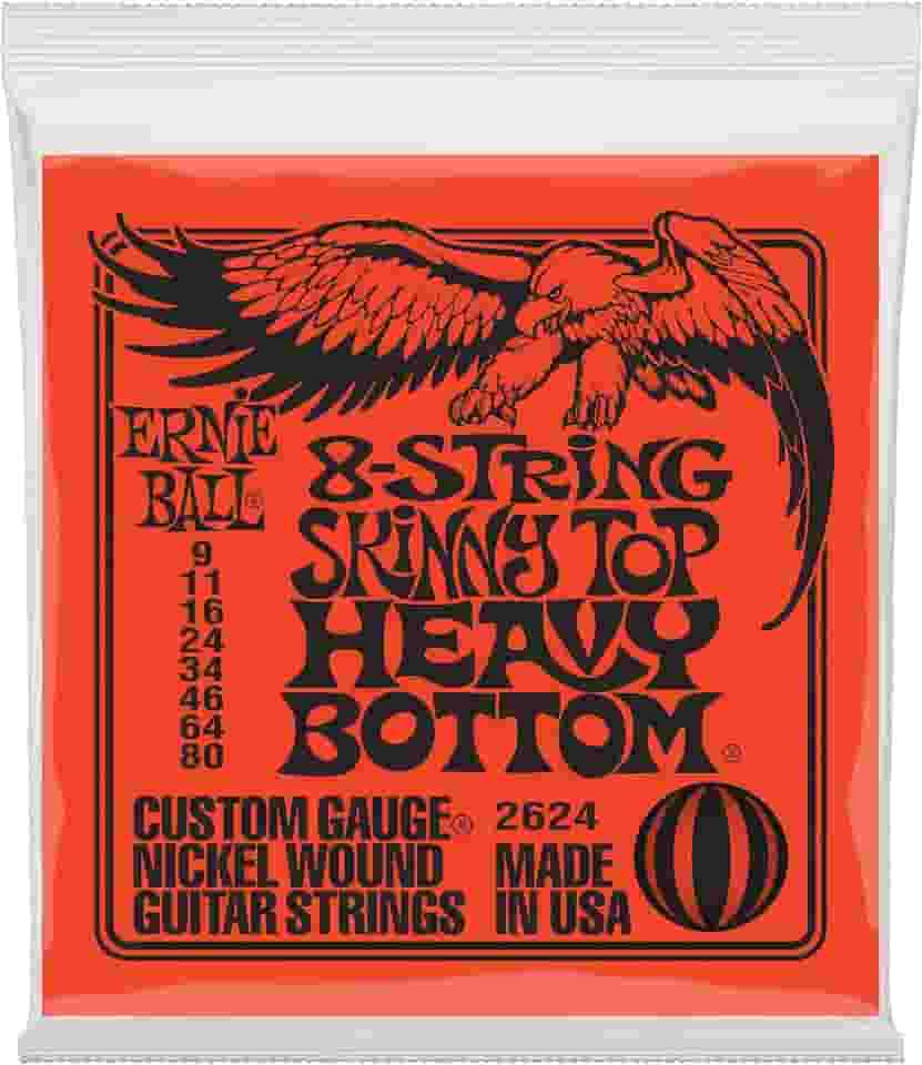 Cordas de guitarra elétrica 8 cordas Ernie Ball Skinny Top Heavy Bottom Slinky Nickel Wound P02624, calibre 9-80