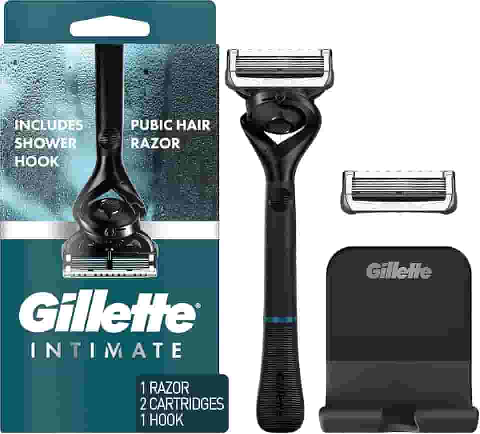Gillette Navalha íntima para homens, barbeadores pubianos masculinos para paisagem, suave e fácil de usar, projetado para pelos pubianos, 1 alça, 2 refis de lâmina