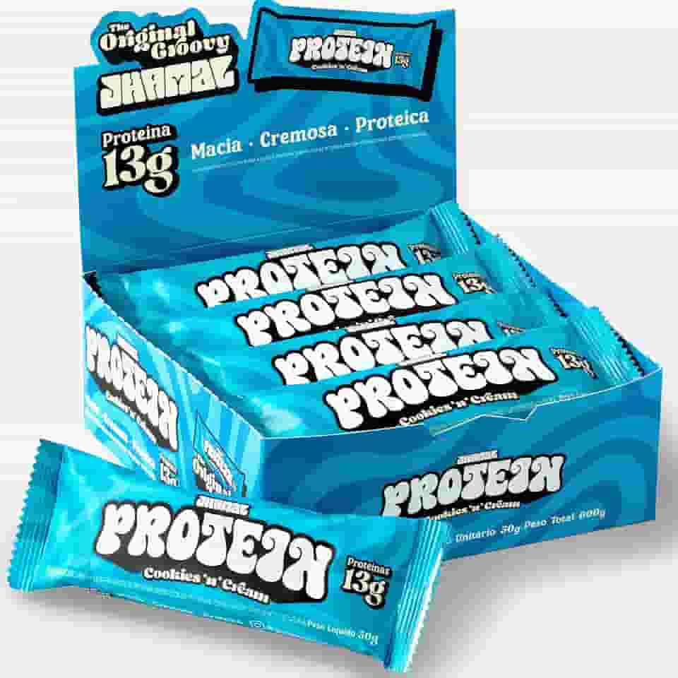 JHAMAL Barra de Proteína Vegan Cookies n’ Cream - Cremosa, Rica em Proteínas, Saudável - Vegana - Sem Glúten, Sem Adição de Açúcar, Sem OGM - Caixa com 12 un, 600g