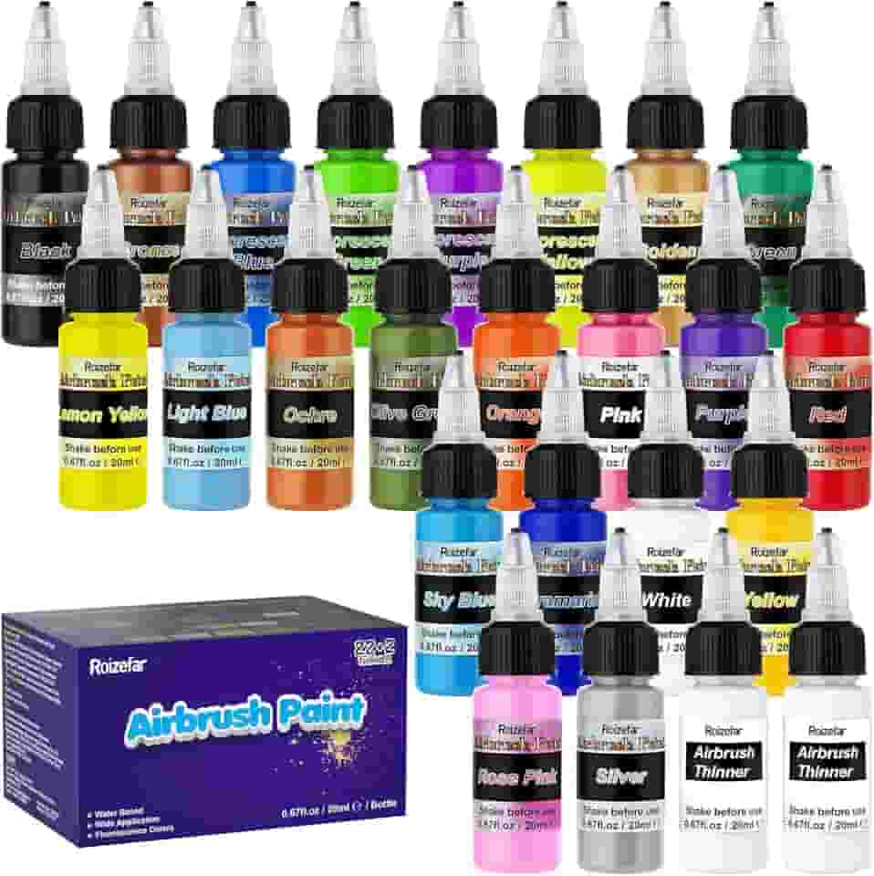 Roizefar Tinta para aerógrafo, 22 cores com conjunto de tinta para aerógrafo mais fino, tintas à base de água, tintas acrílicas prontas para pulverizar, inclui cores metálicas e neon, 20 ml/frasco