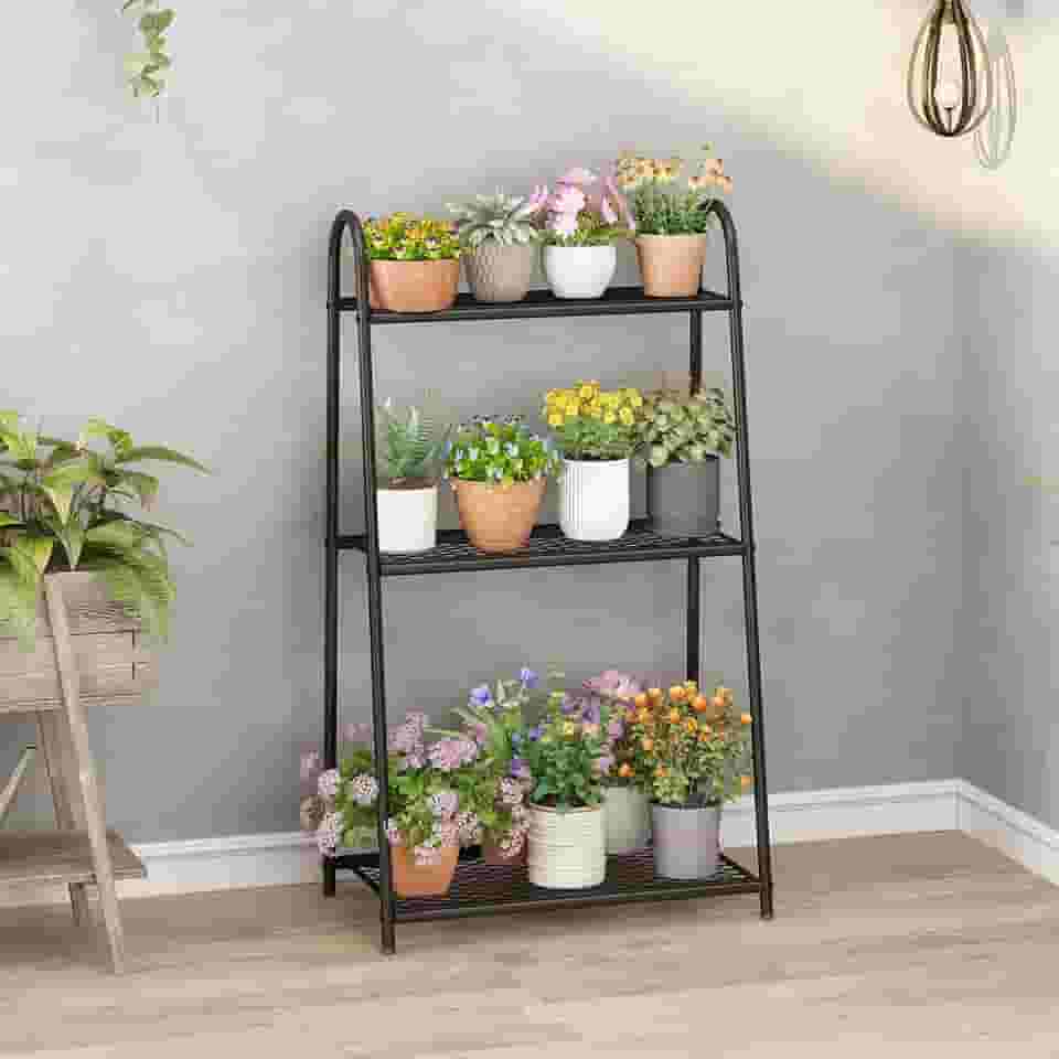 [3-Layer] Suporte para Plantas Internas, Racks de Plantas, Prateleira Externa para Várias Plantas, Suporte para 7 Vasos de Plantas para Sala de Estar, Boho, Decoração, Preto